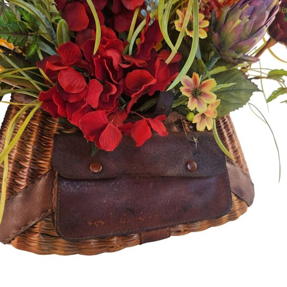 Artificial Floral Arrangement In Vintage Fishing Creel Wicker Basket With Leathe - Picture 12 of 14